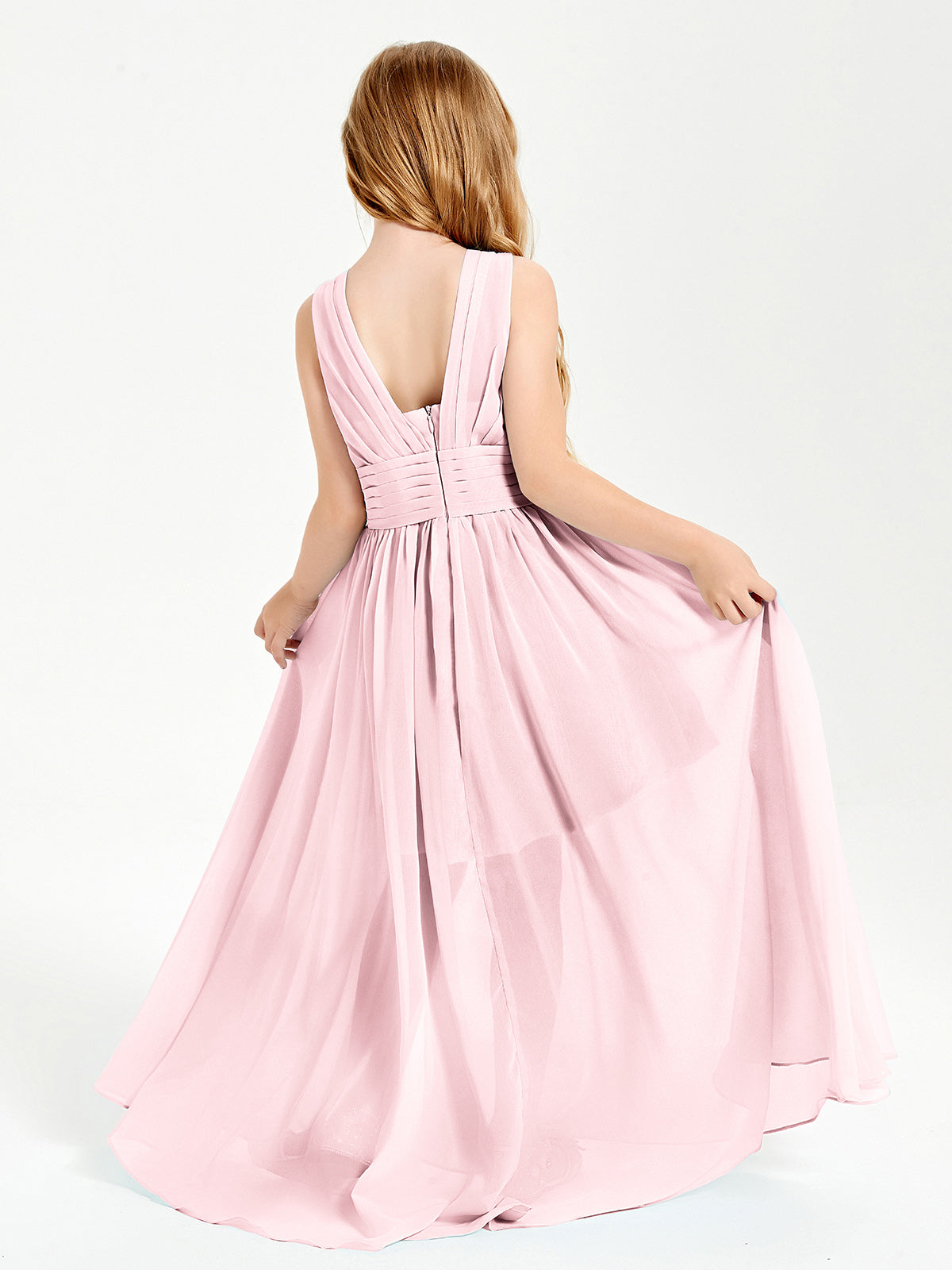 Long V-neck Junior Bridesmaid Dresses Blushing Pink